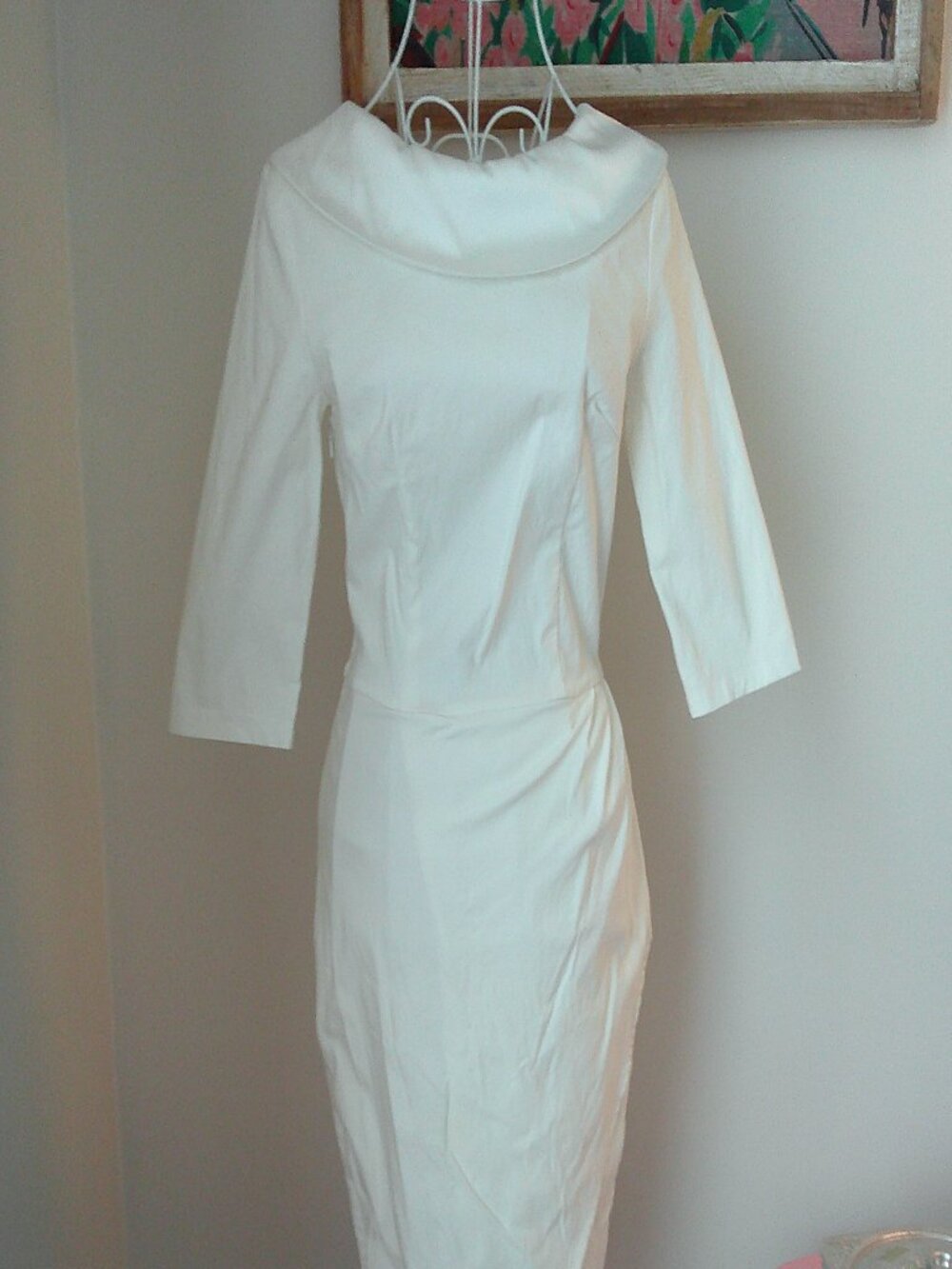 MUXXN White 3/4 Sleeve Midi Dress with Satin Shawl Collar